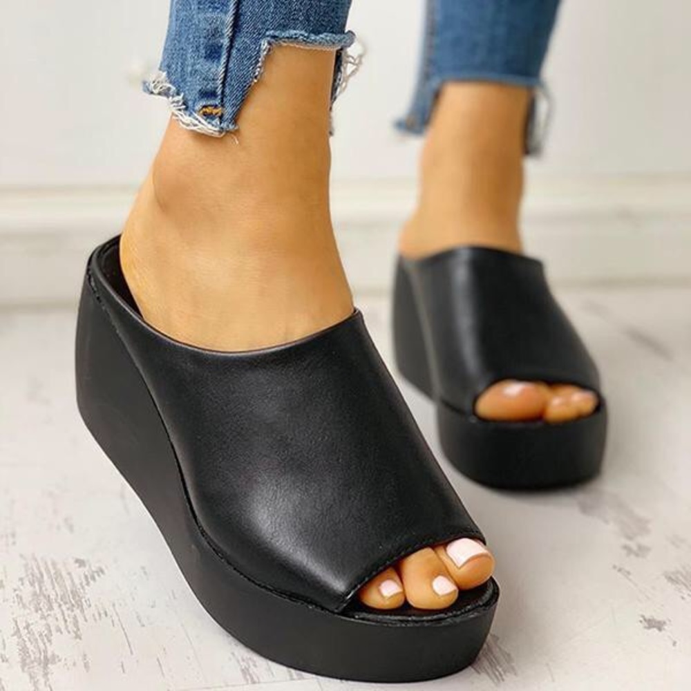 JOLIMALL Peep Toe Muffin Wedge Slippers